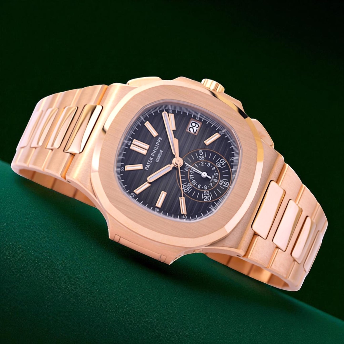 Patek Philippe Nautilus Luxurious Rose Gold Bracelet Chronograph Sunburst Brown Chronograph