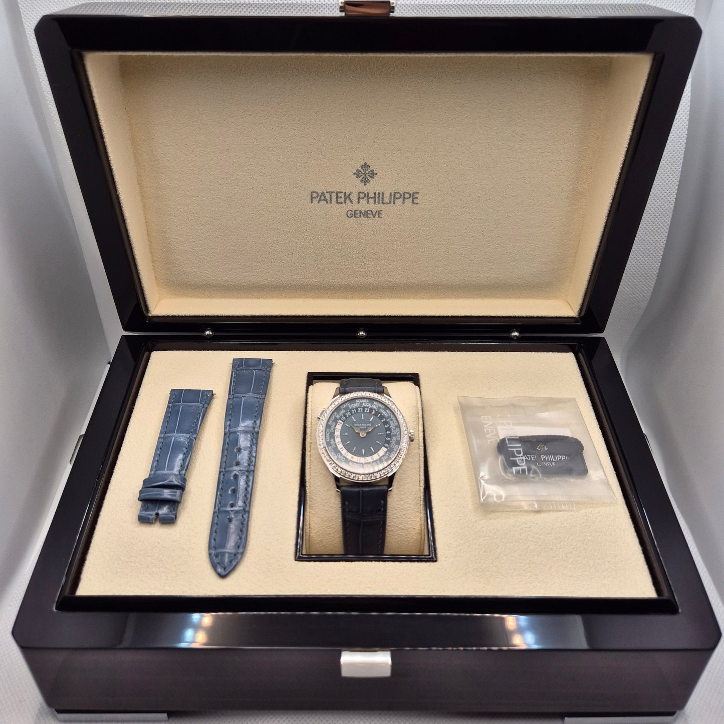 Patek Philippe World Time 7130G-016 'Blue Guilloché Diamond Bezel'