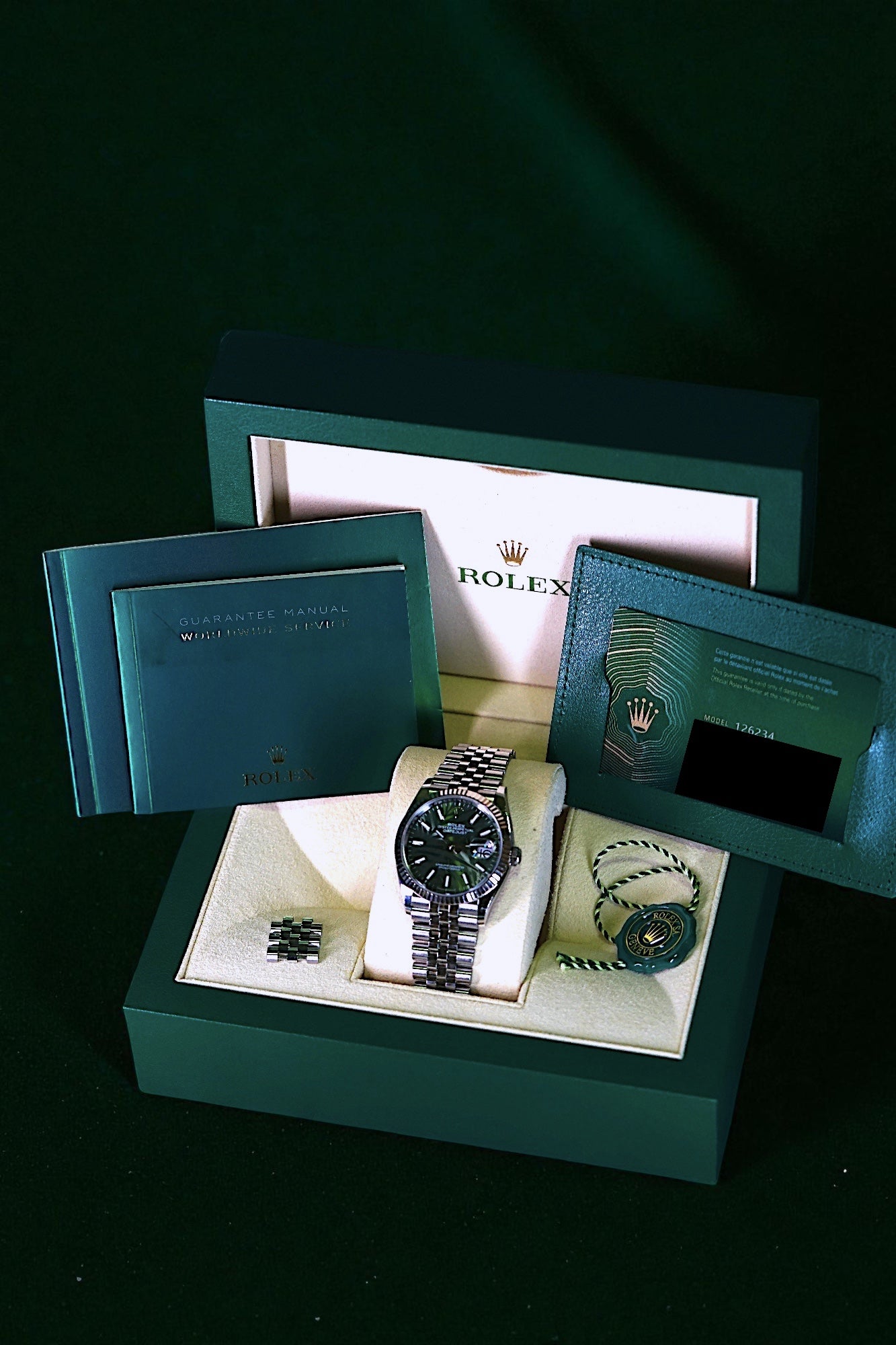 Rolex Datejust Olive Green Palm Motif Dial, Reference 126234 | A 36mm Rare Discontinued Palm Green Leaf Dial Motif Stainless Steel Diamond Set Automatic Wristwatch in Complete Set