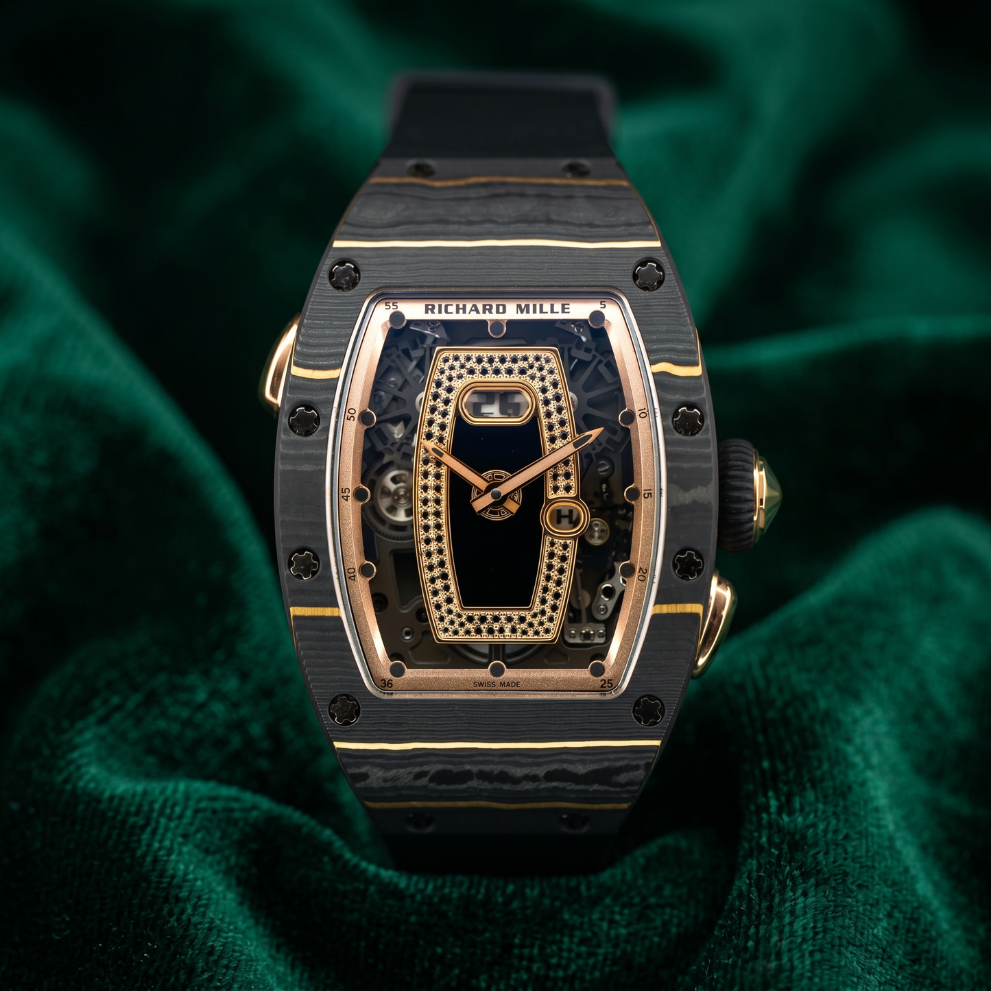 Richard Mille| Ref Rm037 | a Ntpt Carbon Fibre and Black Diamond-set Semi-skeletonised Wristwatch With Date