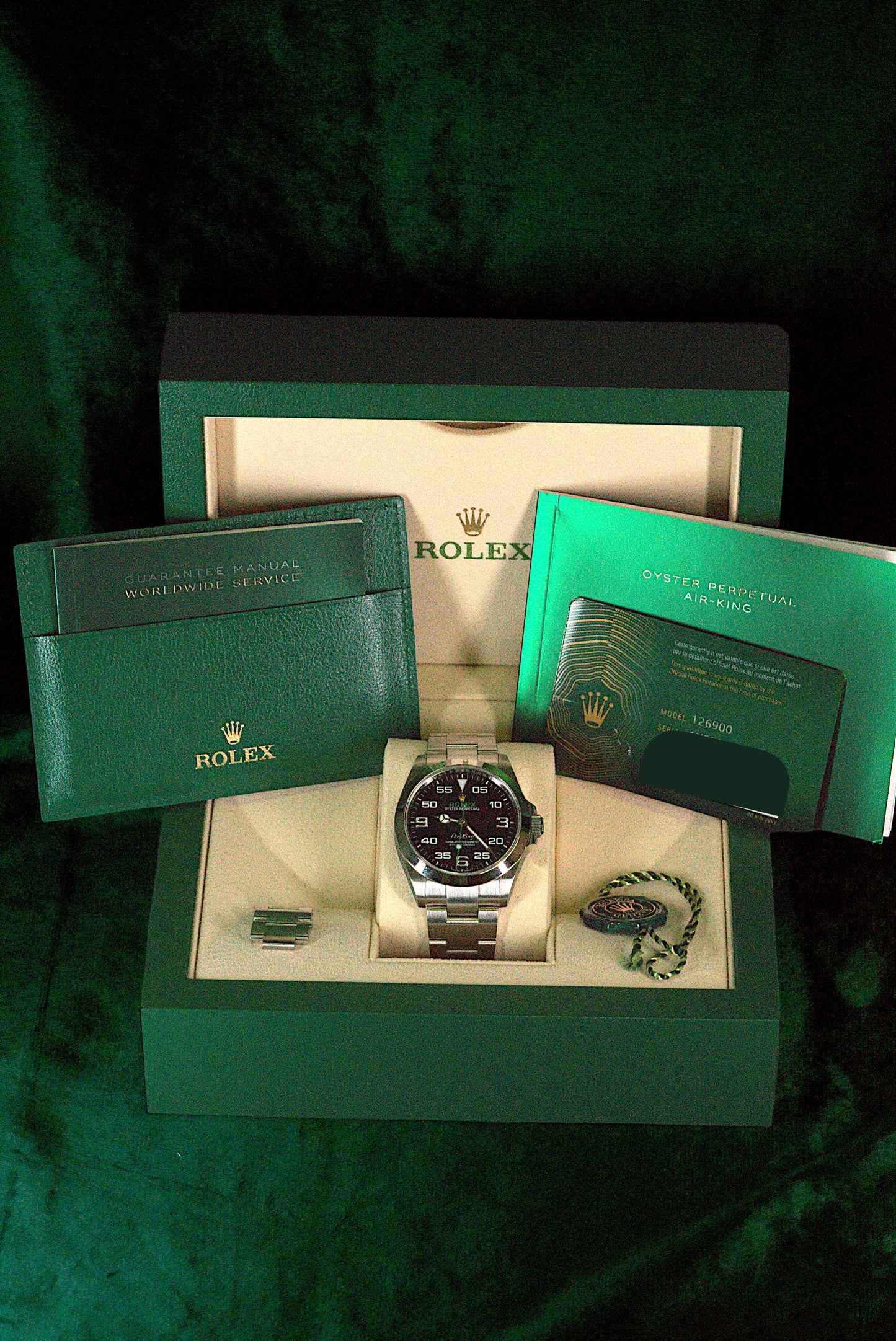 Rolex Air King ICONIC Pilot Dial FULL SET Guard Oystersteel Yellow Logo Air King Reference 126900 (Arabic Dial)