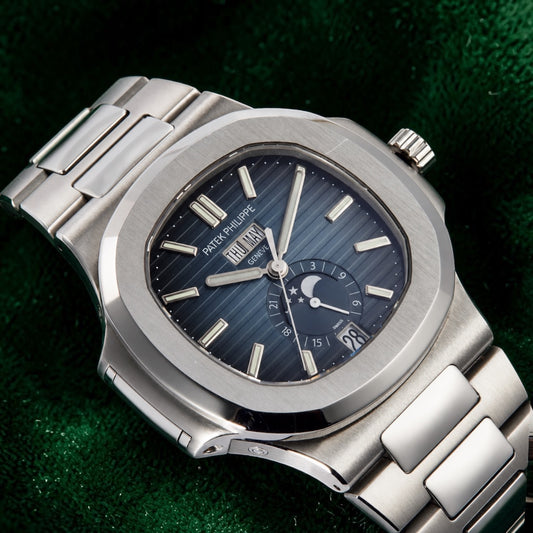 Patek Philippe Nautilus | Reference 5726/1a | A Blue Dial Stainless Steel Annual Calendar Moonphase Wristwatch