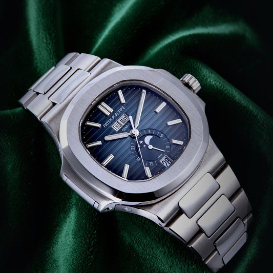 Patek Philippe Nautilus | Ref 5726/1A-014 | A Blue Stainless Steel Moonphase Annual Calendar Wristwatch