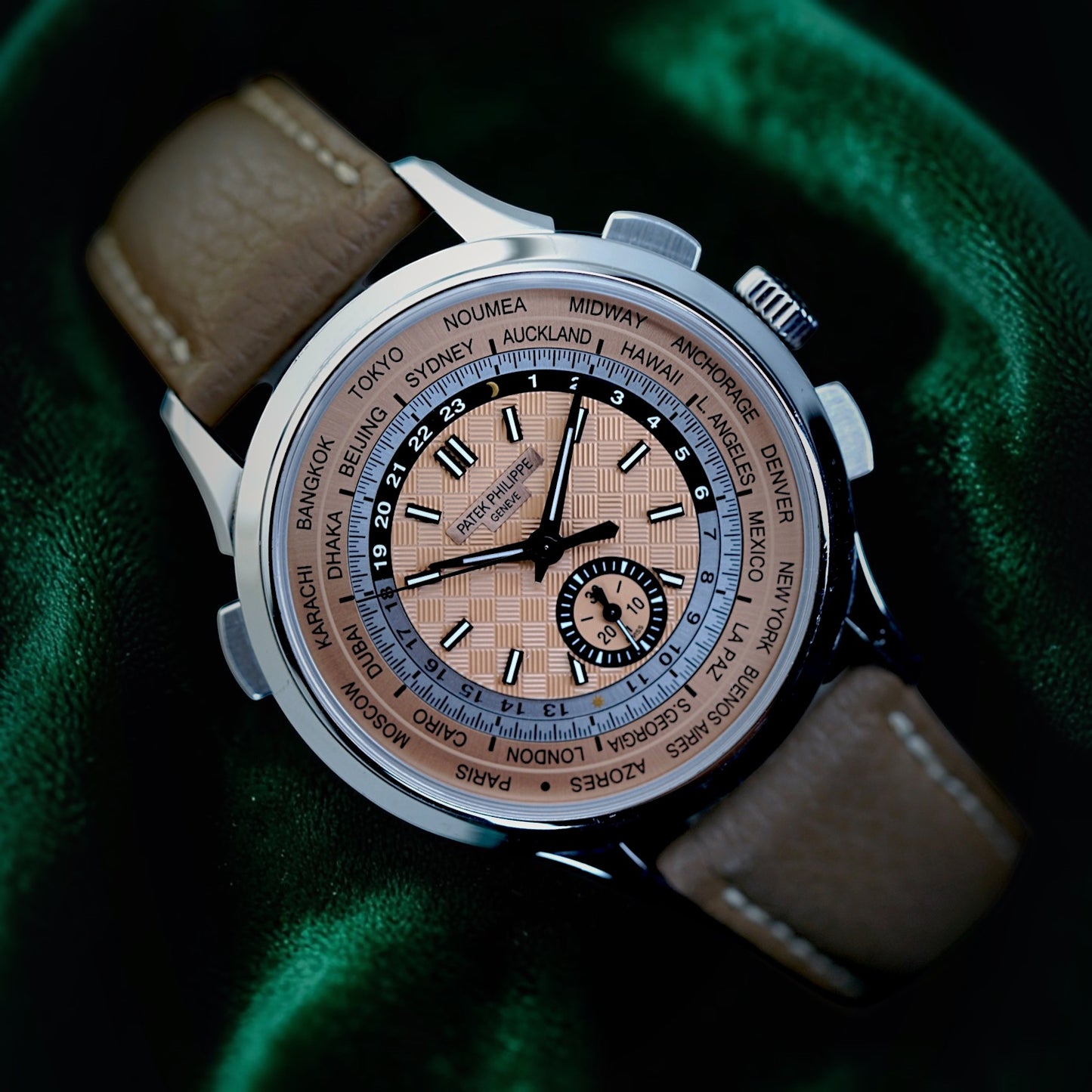 Patek Philippe Wordtimer | Ref 5935A-001 | A Salmon Dial Stainless Steel Flyback Chronograph World Time Comlication Wristwatch