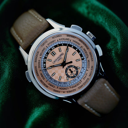Patek Philippe Wordtimer | Ref 5935A-001 | A Salmon Dial Stainless Steel Flyback Chronograph World Time Comlication Wristwatch