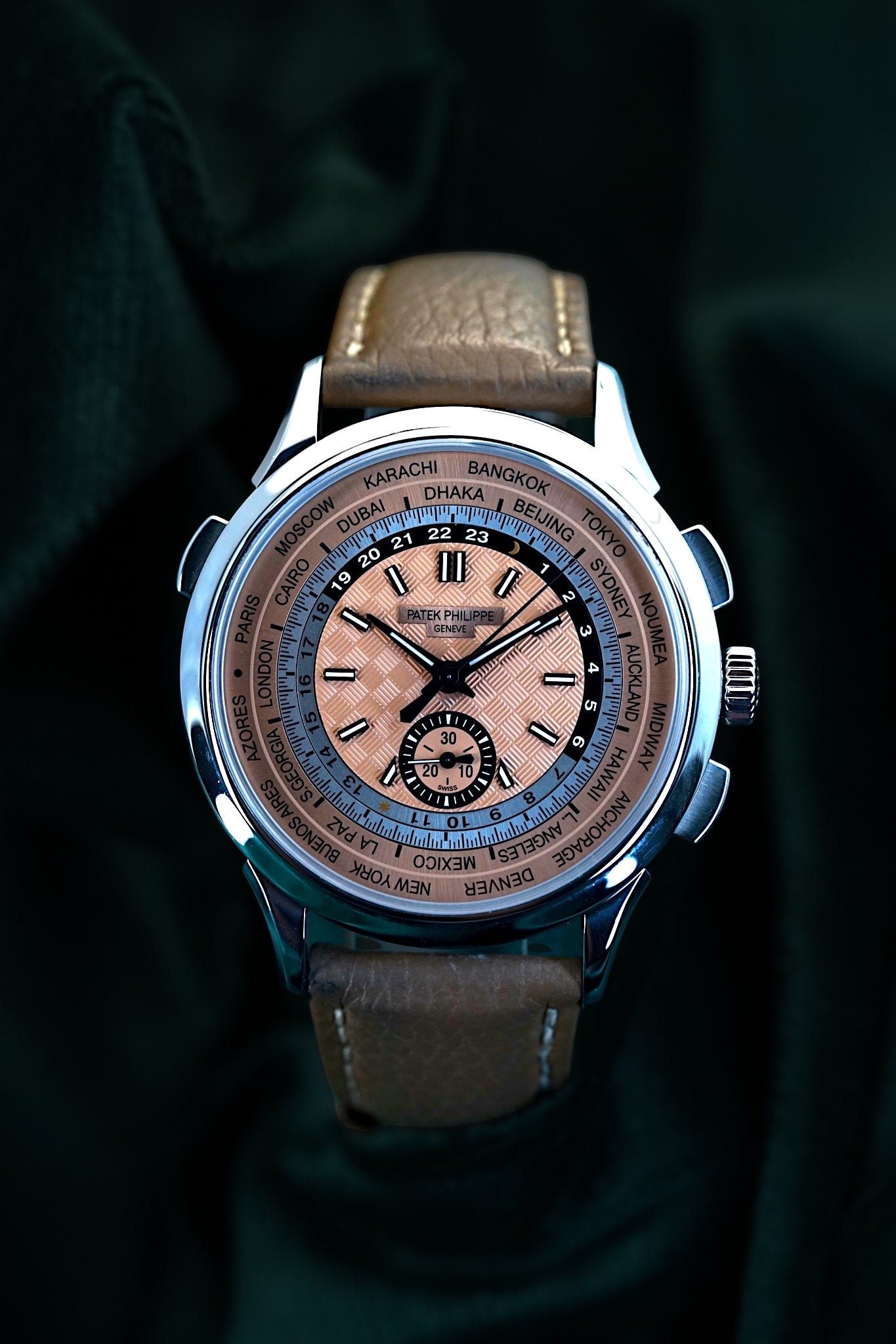 Patek Philippe Wordtimer | Ref 5935A-001 | A Salmon Dial Stainless Steel Flyback Chronograph World Time Comlication Wristwatch