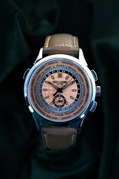 Patek Philippe Wordtimer | Ref 5935A-001 | A Salmon Dial Stainless Steel Flyback Chronograph World Time Comlication Wristwatch