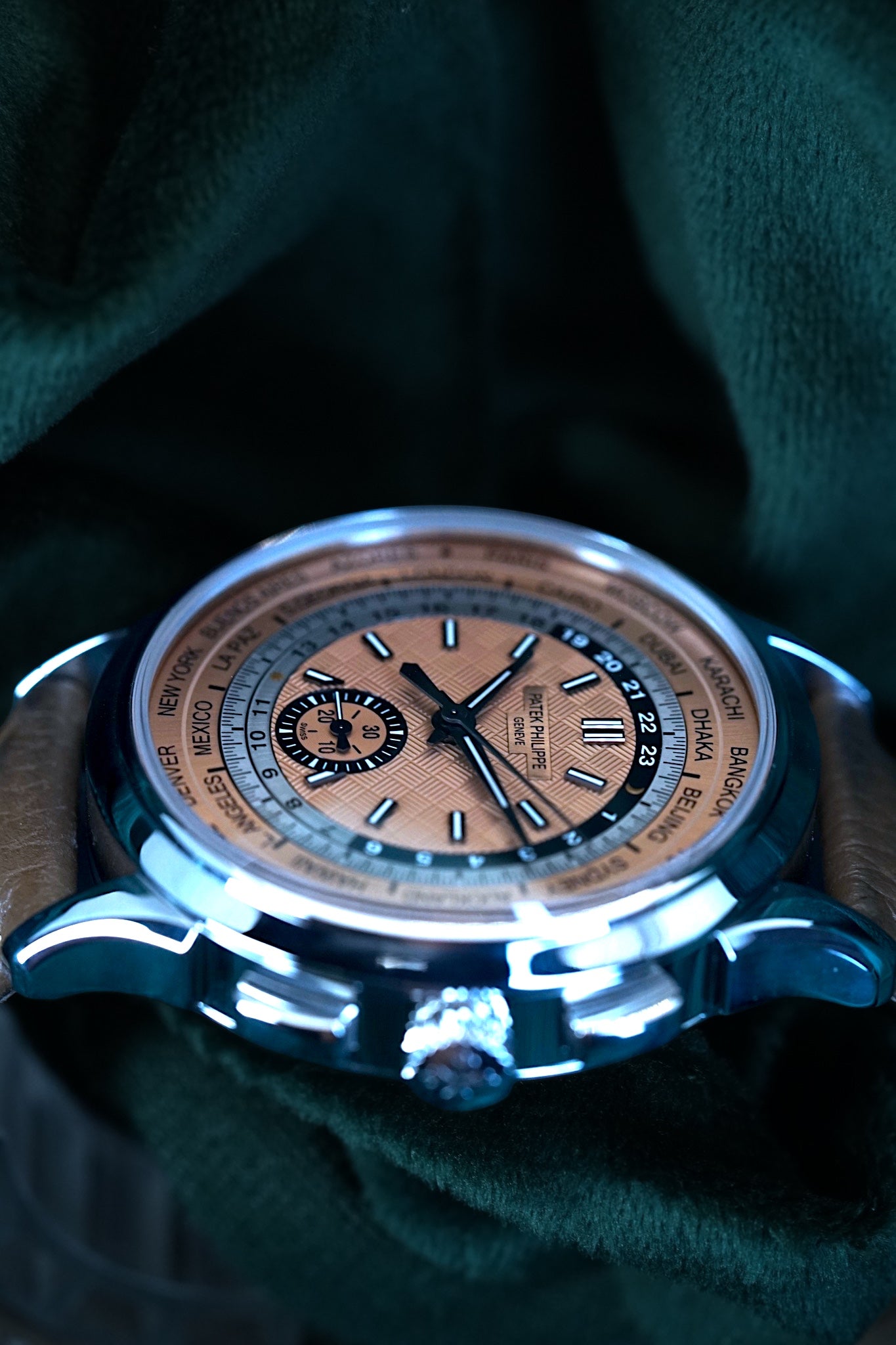 Patek Philippe Wordtimer | Ref 5935A-001 | A Salmon Dial Stainless Steel Flyback Chronograph World Time Comlication Wristwatch