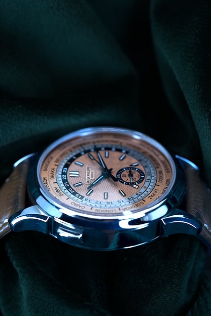Patek Philippe Wordtimer | Ref 5935A-001 | A Salmon Dial Stainless Steel Flyback Chronograph World Time Comlication Wristwatch