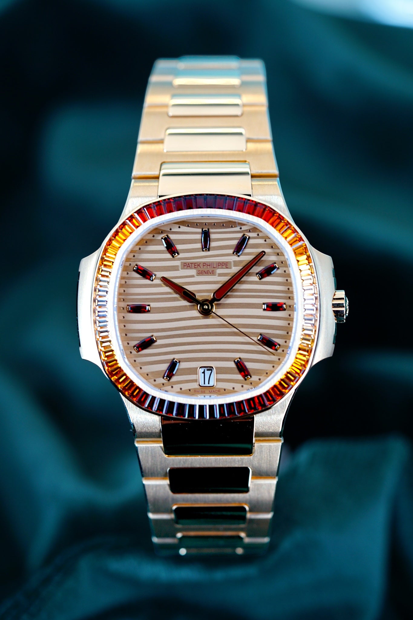 Patek Philippe Nautilus | Ref 7118/1300R-001 | A Rose Gold Gem Set Joaillerie "Rainbow" Date Wristwatch