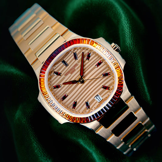 Patek Philippe Nautilus | Ref 7118/1300R-001 | A Rose Gold Gem Set Joaillerie "Rainbow" Date Wristwatch