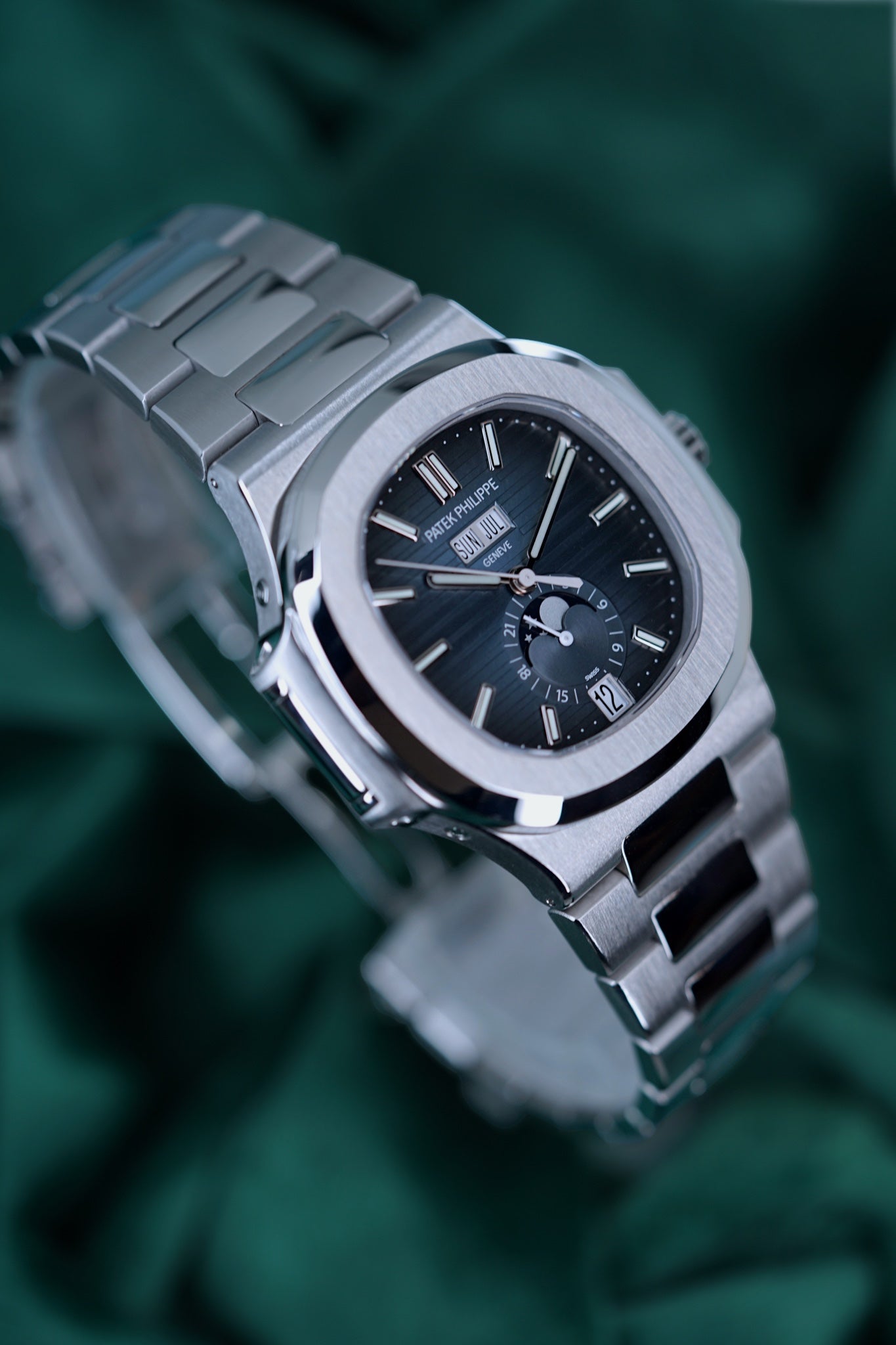Patek Philippe Nautilus | Reference 5726/1a | A Blue Dial Stainless Steel Annual Calendar Moonphase Wristwatch