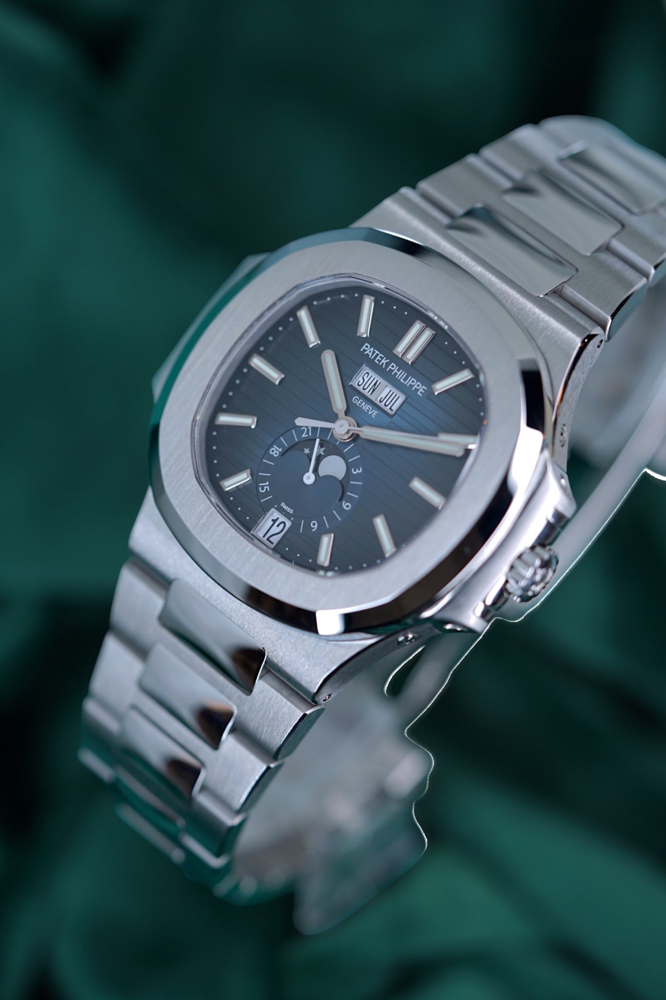Patek Philippe Nautilus | Reference 5726/1a | A Blue Dial Stainless Steel Annual Calendar Moonphase Wristwatch