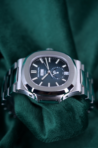 Patek Philippe Nautilus | Reference 5726/1a | A Blue Dial Stainless Steel Annual Calendar Moonphase Wristwatch