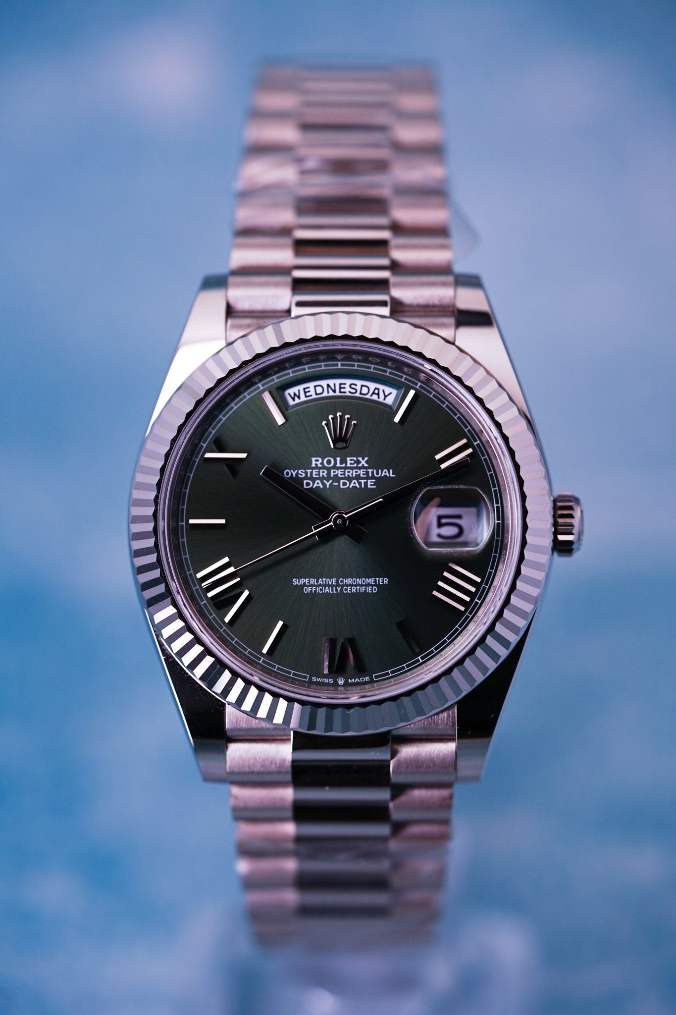 Rolex Day-date, Reference 228239  | a White Gold Olive Green Dial Automatic Wristwatch With Day, Date, and Bracelet in Complete Set