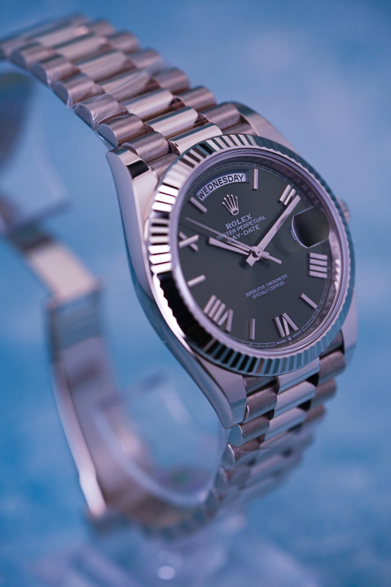 Rolex Day-date, Reference 228239  | a White Gold Olive Green Dial Automatic Wristwatch With Day, Date, and Bracelet in Complete Set