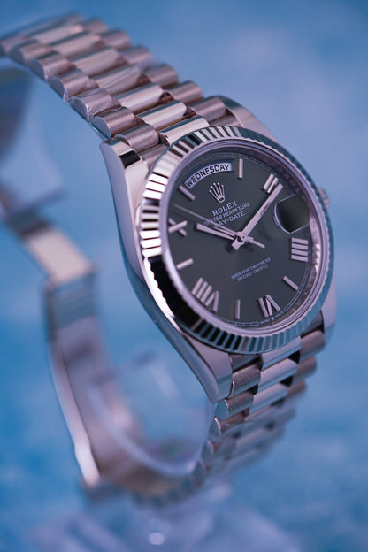 Rolex Day-date, Reference 228239  | a White Gold Olive Green Dial Automatic Wristwatch With Day, Date, and Bracelet in Complete Set