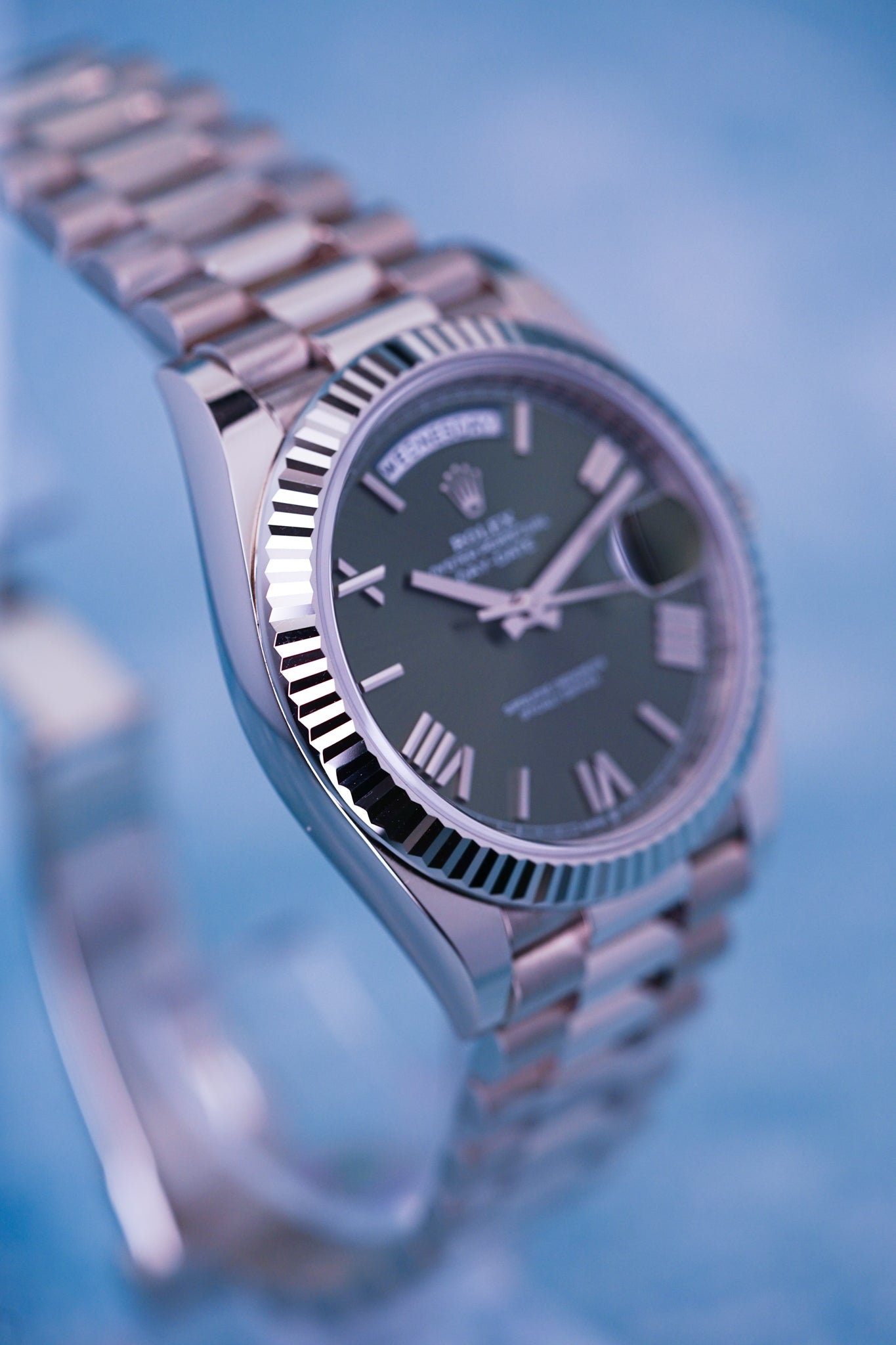 Rolex Day-date, Reference 228239  | a White Gold Olive Green Dial Automatic Wristwatch With Day, Date, and Bracelet in Complete Set