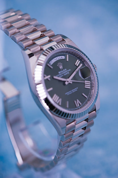 Rolex Day-date, Reference 228239  | a White Gold Olive Green Dial Automatic Wristwatch With Day, Date, and Bracelet in Complete Set