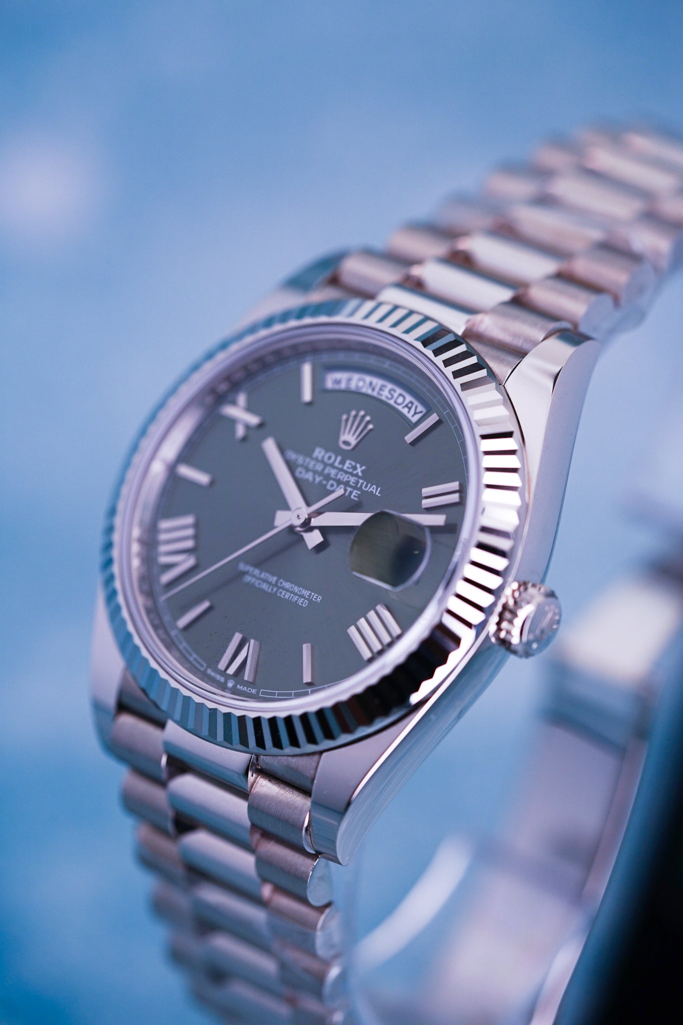 Rolex Day-date, Reference 228239  | a White Gold Olive Green Dial Automatic Wristwatch With Day, Date, and Bracelet in Complete Set