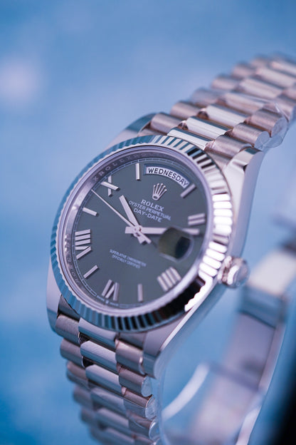 Rolex Day-date, Reference 228239  | a White Gold Olive Green Dial Automatic Wristwatch With Day, Date, and Bracelet in Complete Set