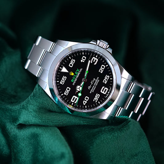 Rolex Air King ICONIC Pilot Dial FULL SET Guard Oystersteel Yellow Logo Air King Reference 126900 (Arabic Dial)