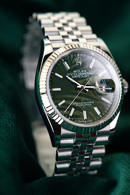 Rolex Datejust Olive Green Palm Motif Dial, Reference 126234 | A 36mm Rare Discontinued Palm Green Leaf Dial Motif Stainless Steel Diamond Set Automatic Wristwatch in Complete Set