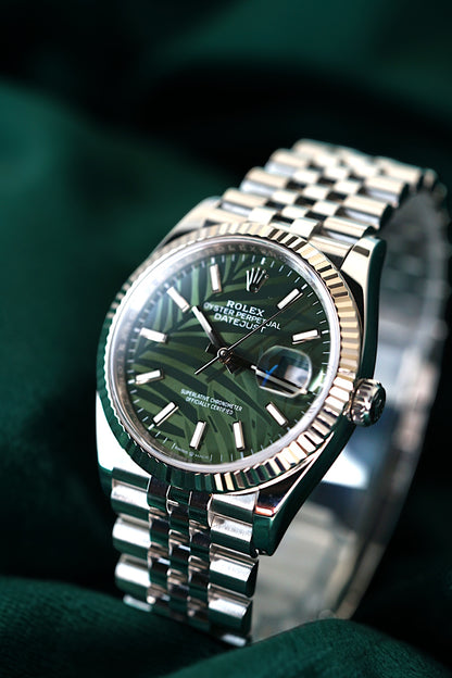 Rolex Datejust Olive Green Palm Motif Dial, Reference 126234 | A 36mm Rare Discontinued Palm Green Leaf Dial Motif Stainless Steel Diamond Set Automatic Wristwatch in Complete Set