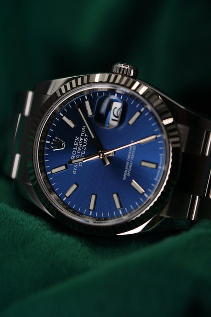 Rolex Datejust 36 White Gold Fluted Bezel Sunburst Bright Blue Ref. 126234
