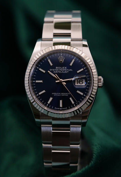 Rolex Datejust 36 White Gold Fluted Bezel Sunburst Bright Blue Ref. 126234