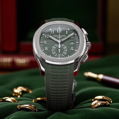Patek Philippe Aquanaut 5968G-010 Khaki Green | A White Gold Flyback Chronograph timepiece in Full Set