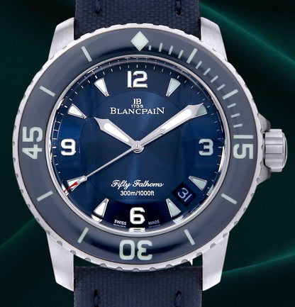 Blancpain Fifty Fathoms, Ref. 5015-12B40-052A | a 45mm Brushed Titanium Automatic Diver With Sunburst Blue Dial in Complete Set