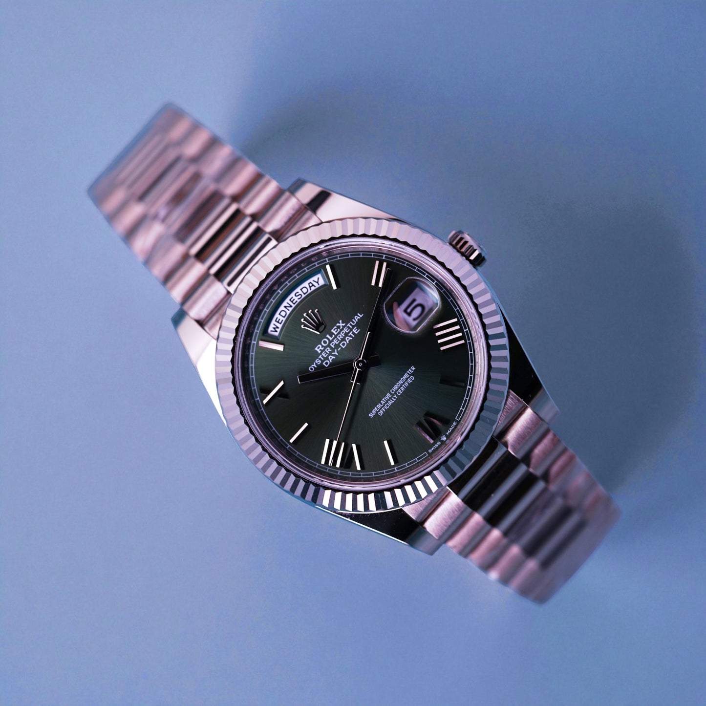 Rolex Day-date, Reference 228239  | a White Gold Olive Green Dial Automatic Wristwatch With Day, Date, and Bracelet in Complete Set