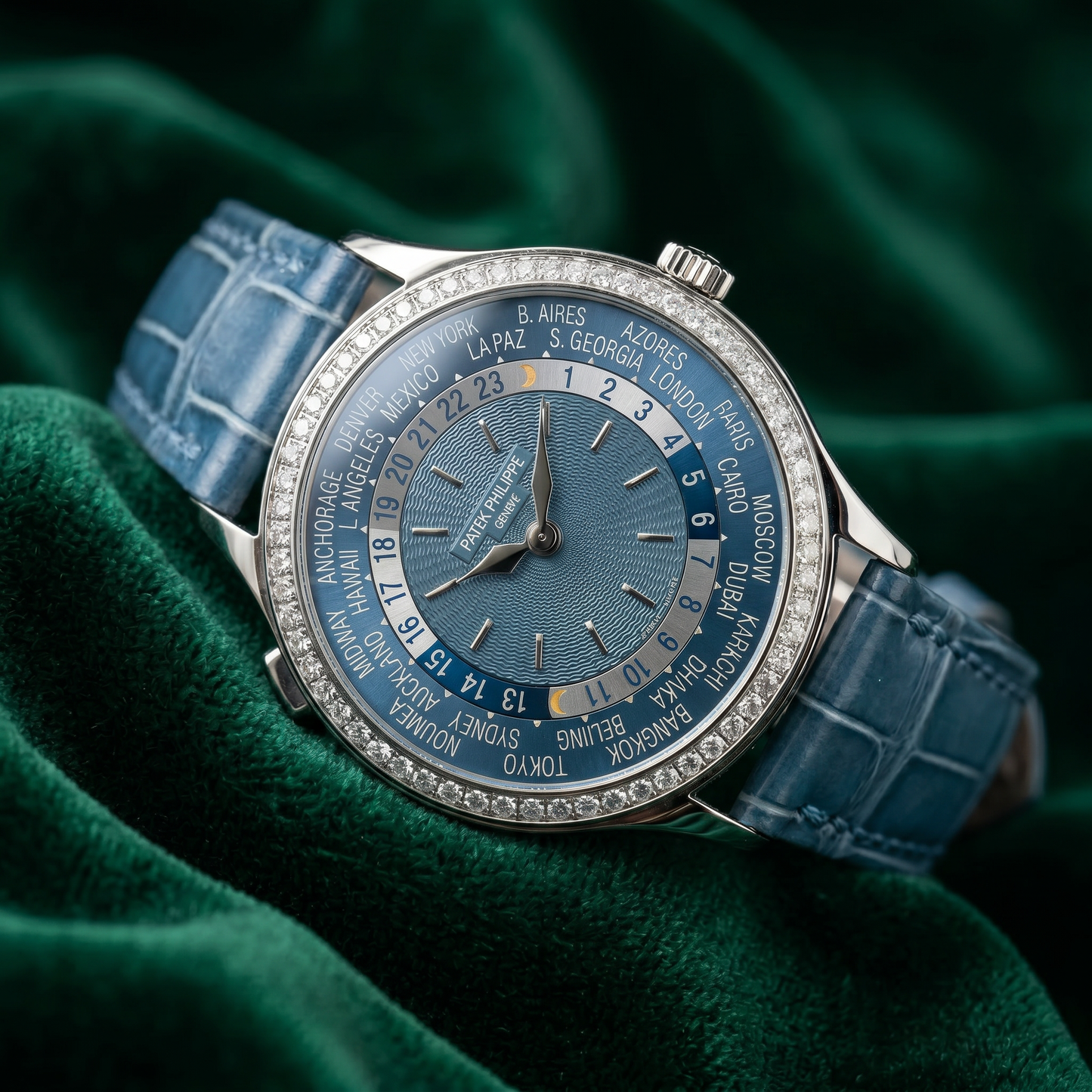 Patek Philippe World Time, Ref. 7130g | a Rare White Gold and Diamond-set Ladies' World Time Wristwatch