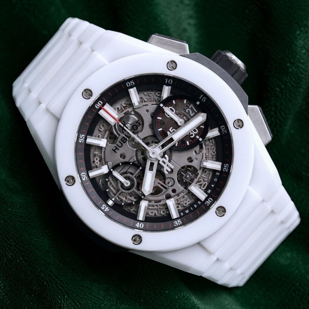Hublot Big Bang Integral, Ref. 451.hx.1123.hx | a Rare White Ceramic 42mm Skeleton Dial Chronograph on an Integrated Bracelet, Complete Set