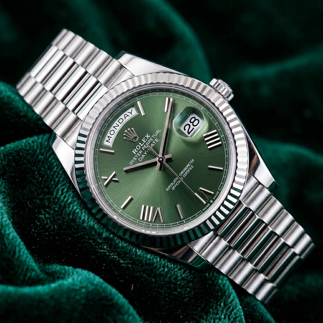 Rolex Day-date, Reference 228239  | a White Gold Olive Green Dial Automatic Wristwatch With Day, Date, and Bracelet in Complete Set
