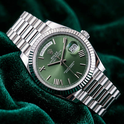 Rolex Day-date, Reference 228239  | a White Gold Olive Green Dial Automatic Wristwatch With Day, Date, and Bracelet in Complete Set